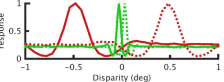 Fig 5. Disparity tuning curves for binocular energy model units with a squaring output nonlinearity in response to 100% correlated RDSs