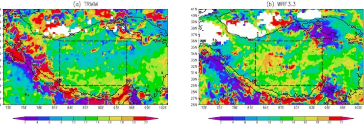 Fig. 3. Phase (UTC) of the diurnal harmonic of 3 h rainfall: (a) TRMM data, (b) model simulation