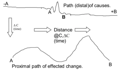 Figure 3:  The familiar open path A-B resembles the place of open path existing to the  path of distal causes (-A-+B)
