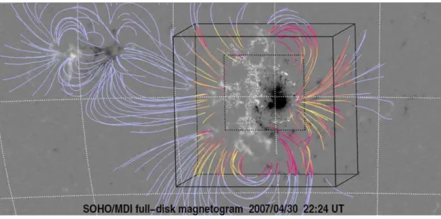 Fig. 8. SOHO/MDI magnetogram of AR 10953 with over-plotted stereoscopic reconstructed loops (see Aschwanden et al., 2008c) in blue and extrapolated non-linear force-free coronal magnetic field lines