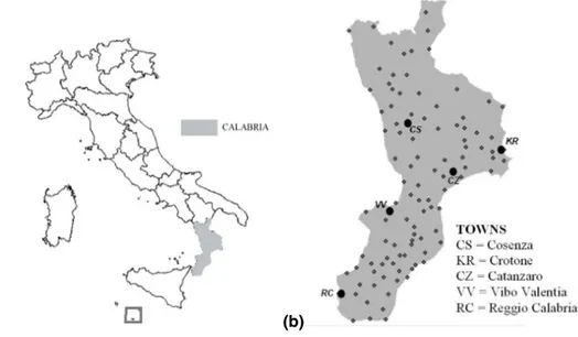 Fig. 1. (a) Location of the Calabria region, in the Southern Italy; (b) Telemetering Raingauge Network.