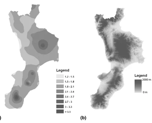 Fig. 2. (a) Mapping of θ h,z parameter; (b) Digital Elevation Model of the Calabria region.
