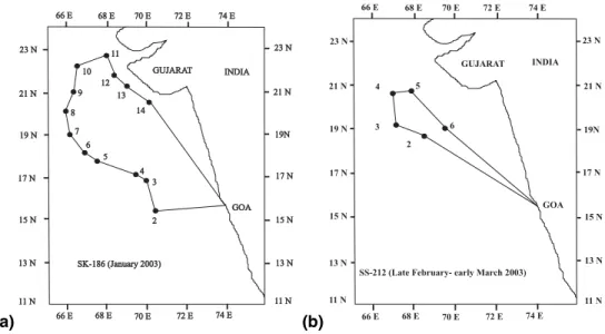 Fig. 1. Stations sampled during (a) January and (b) late February–early March.