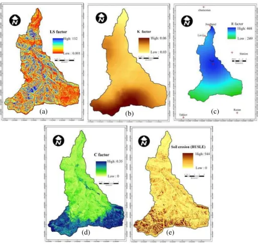 Figure 3. Spatial distribution of (a) rainfall erosivity factor, (b) soil erodibility factor, (c) topo- topo-graphic (steepness and steep length) factors, (d) vegetation management factor, and (e) annual soil loss t − 1 ha − 1 yr − 1 .