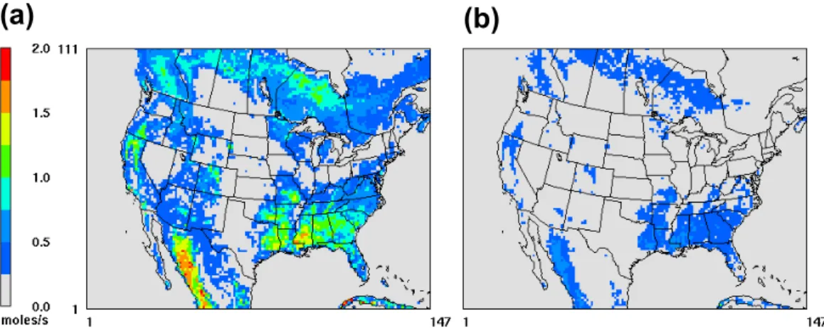 Fig. 6. Spatial distribution of difference (moles/s) in summertime biogenic VOC emissions between (a) high-extreme and base case as well as (b) base case – low-extreme scenarios.
