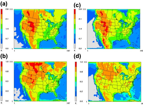 Fig. 2. Spatial distribution of difference (K) in temperature in 2050 for (a) annualized (high-extreme – base case); (b) annualized (base case – low-extreme); (c) summer-averaged (high-extreme – base case); (d) summer-averaged (base case – low-extreme) sce