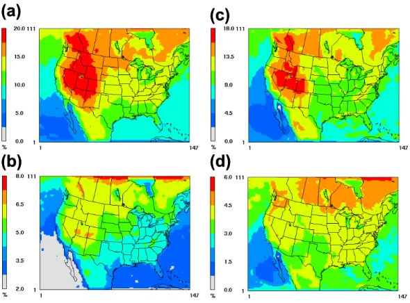 Fig. 3. Spatial distribution of difference (%) in absolute humidity in 2050 for (a) annualized (high-extreme – base case); (b) annualized (base case – low-extreme); (c) summer-averaged (high-extreme – base case); (d) summer-averaged (base case – low-extrem