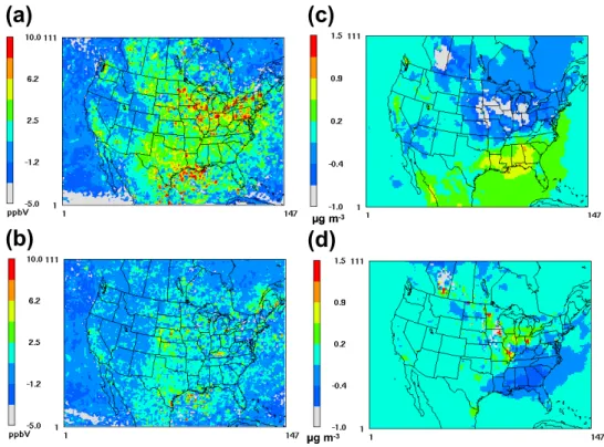 Fig. 5. Spatial distribution of difference in (a) summertime (high-extreme – base scenarios); (b) summertime (base case – low-extreme scenarios) 4th MDA8h O 3 (ppbV); (c) annualized (high-extreme – base case) PM 2.5 ; and (d) annualized (base case – low-ex