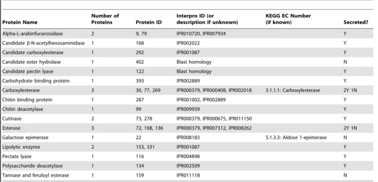 Table 4. Other cell wall degrading proteins from MudPIT analysis. Protein Name Number ofProteins Protein ID Interpro ID (or description if unknown) KEGG EC Number