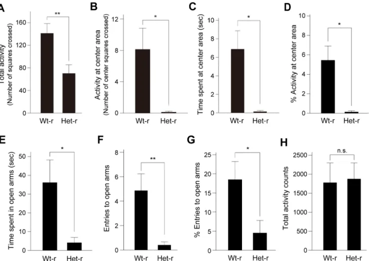 Figure 4. Elevated anxiety-related behavior in offspring reared by Clock mutant mice. (A–D) In the open-field test, total activity counts measured by the total number of squares crossed by the mouse (A), activity counts at the center area measured by the n