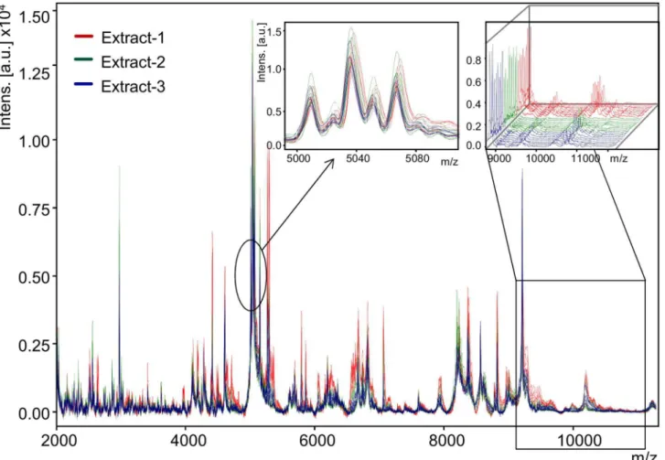 Figure 1. Spectra reproducibility among the biological and technical replicates. Overlay view of 27 spectra obtained from biological and technical replicates of Glossina austeni female whole insect