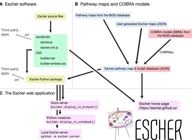 Fig 3. The organization of the Escher project. A) Escher source code can be compiled to a single JavaScript file (either minified or not minified) and two style sheets