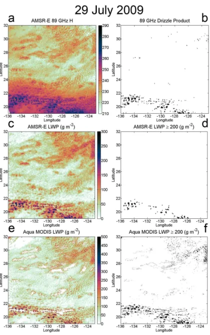 Fig. 7. Drizzle information for the northeast Pacific on 29 July 2009 at ≈ 22:00 UTC. (a) is AMSR-E horizontally polarized 89-GHz bright- bright-ness temperature from the L2A brightbright-ness temperature product