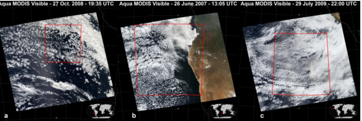 Fig. 4. Aqua MODIS visible quick-look imagery for the areas in Figs. 7, 9, and 10 from left to right (http://modis-atmos.gsfc.nasa.gov/