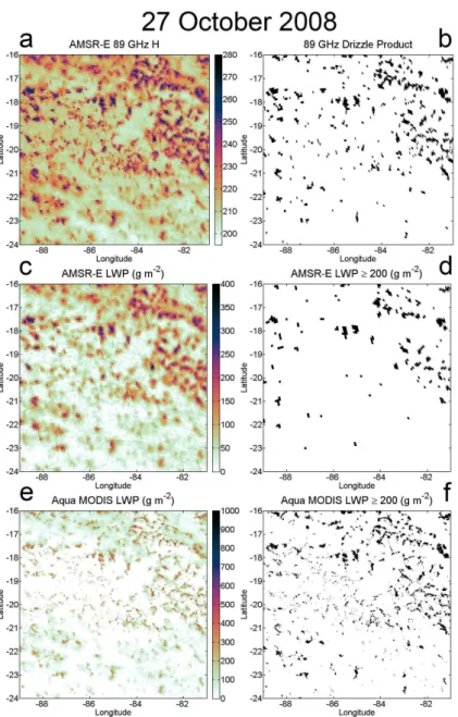 Fig. 5. Drizzle information for the southeast Pacific on 27 October 2008 at ≈ 19:35 UTC