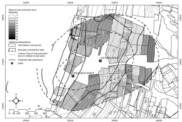 Figure 12. Subsidence analysis for the 424/425 coal production level within the boundaries of the protection pillar.