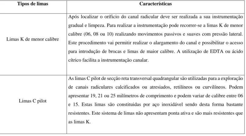 Tabela  6:  Características  dos  tipos  de  limas  manuais  utilizados  no  tratamento  endodôntico  de  canais  radiculares  com  calcificações  pulpares
