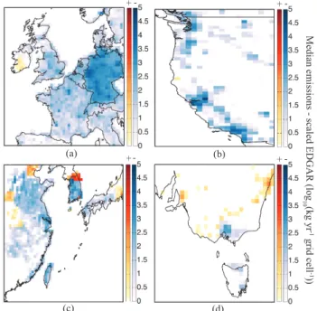 Fig. 4. National emissions derived using three methods: (1) hi- hi-erarchical Bayesian (HB) inversion (blue); (2) non-hihi-erarchical Bayesian inversion (NHB) with model-measurement uncertainties that include a model error (red); and (3) non-hierarchical B