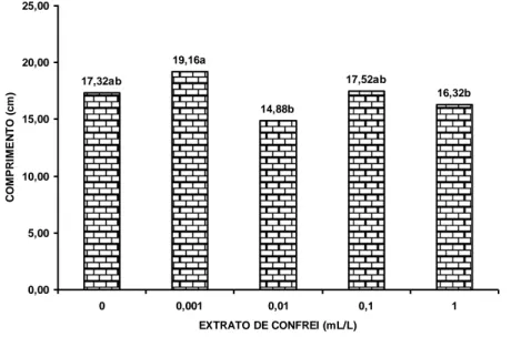 Figura -1. Comprimento radicular de plântulas de milho submetidas a cinco concentrações de  extrato hidraocóolico de confrei