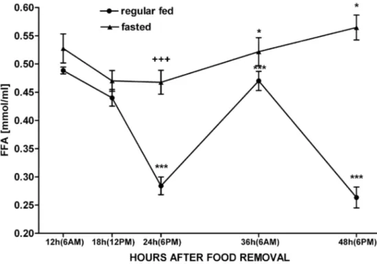Fig. 4. Serum FFA diurnal rhythm in regularly fed (-●-) rats or ones exposed to 12, 18, 24, 36, and  48 h of fasting  (-▲-) imposed at 6 PM