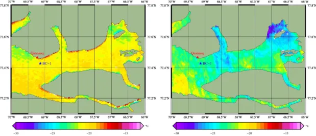 Fig. 3. MIST temperature plot for Inglefield Bredning on 3 April: left 13:45 UTC, right 22:22 UTC.