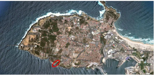 Figura  2.1  Península  de  Peniche,  Portugal  Continental.  A  zona  delimitada  corresponde  à  área  geográfica onde foram realizadas as amostragens