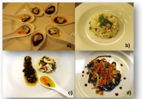 Figura 2.6 Pratos confecionados com H. forskali, no estado selvagem: a) Sushi; b) Risotto; c) Caldo; 