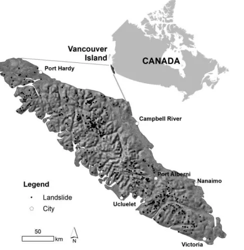 Figure 1. Vancouver Island and the locations of the landslides triggered from heavy rainfall in November 2006.