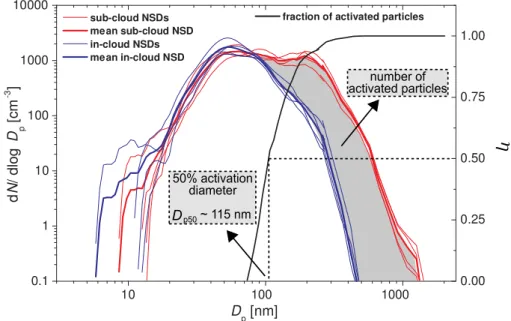 Fig. 6. Aerosol number size distributions of the interstitial aerosol (left ordinate) inside (blue lines) and below (red lines) the observed stratocumulus layer and number fraction of activated particles (right ordinate).