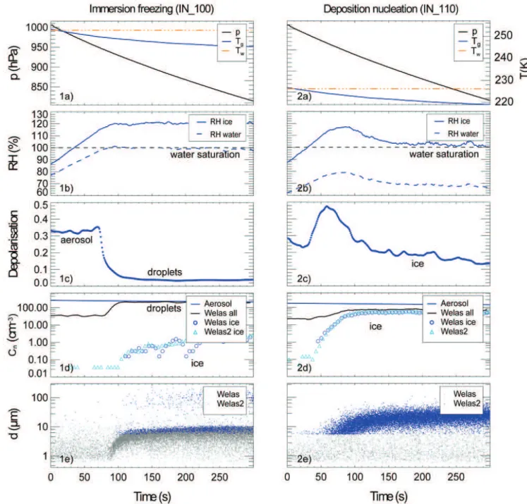 Fig. 2. Time series of two experiments showing immersion freezing (1a–1e) and deposition nucleation (2a–2e)