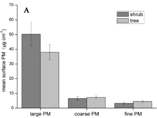 Fig 3. The average PM accumulation (large, coarse and fine) on shrub and tree leaf surfaces