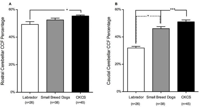 Figure 5. Cerebellar crowding within different parts of the caudal cranial fossa comparing different groups of Cavalier King Charles Spaniels