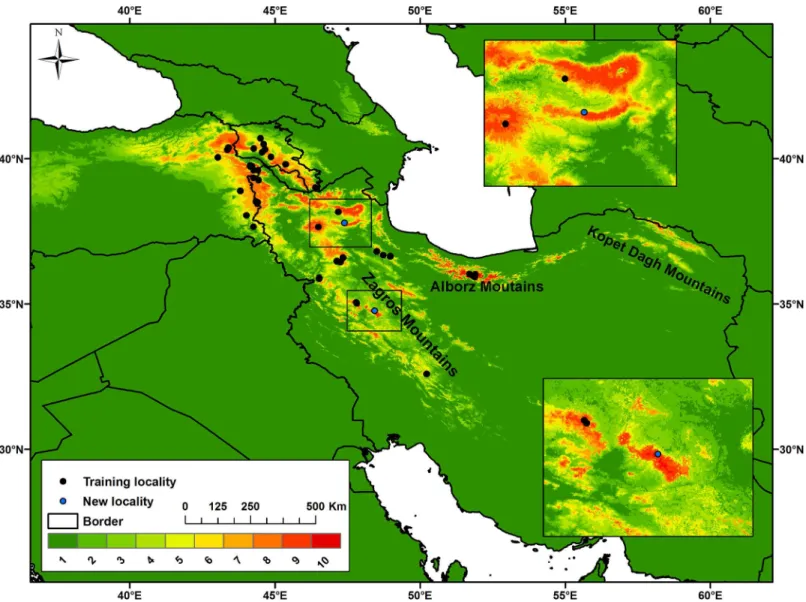Fig 1. Predicted suitable and unsuitable habitats for Montivipera raddei species complex in Iran, Turkey and Armenia