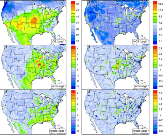 Fig. 8. Same as Fig. 3 except for average surface ozone concentration (ppbv, left panels) and NO 2 concentration (ppbv, right panels).