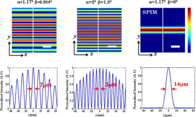 Figure 2. Illumination PSFs obtained from computational simulation. The study was carried out for two configuration, small numerical aperture (aperture angle, a~1:17 o , stop angle, b~0:954 o ), and large numerical aperture (aperture angle, a~2 o , stop an