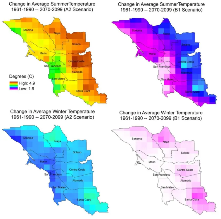 Figure 1. Historical (1961–1990) and projected (2070–2099) average temperatures for summer (June, July, August) and winter (January, February) months in the Bay Area