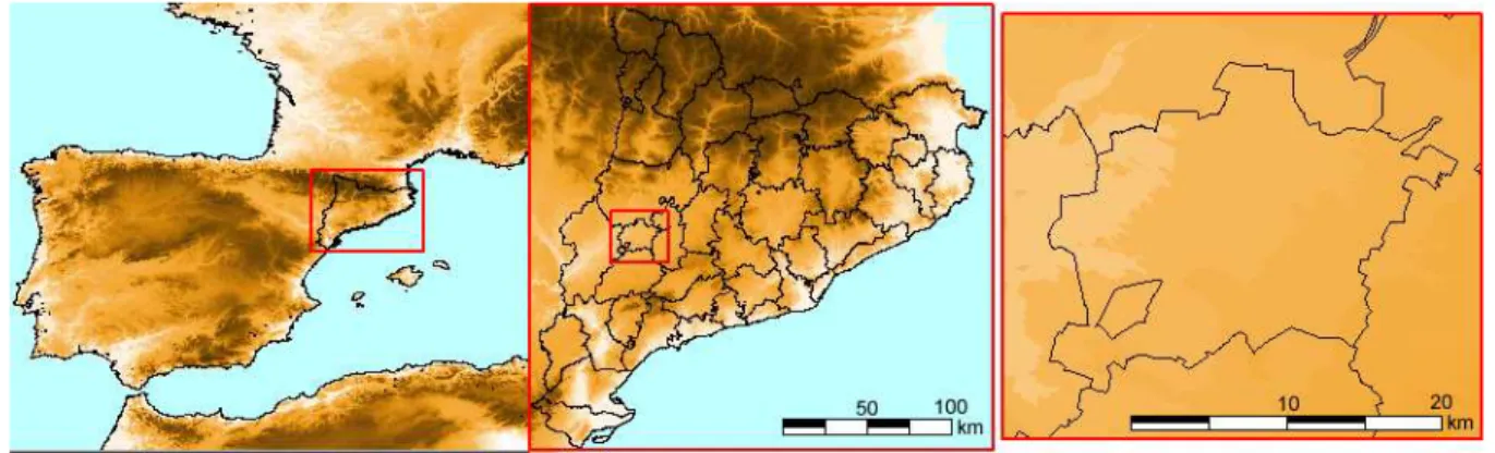 Figure 1. Location of the study area: Iberian Peninsula (left), Catalonia (middle) and Pla d’Urgell area (right).