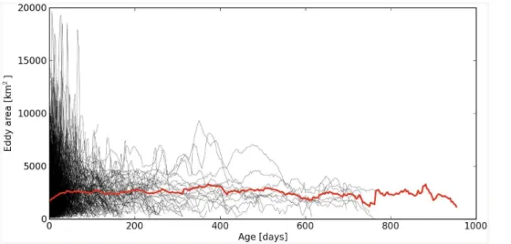 Figure 7. Eddies area. Line plots in black showing the areas of the 1160 simulated cyclonic eddies as a function of their age