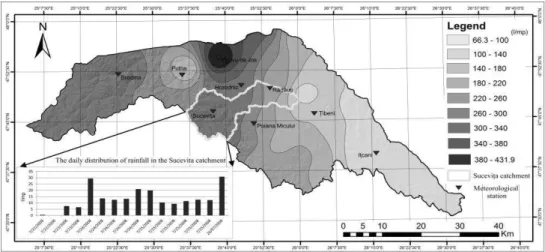 Fig. 5. Distribution of rainfall during 22 to 28 of July 2008 in the Suceava catchment 