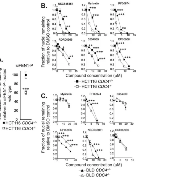 Figure 4. Cell-based assays for flap endonuclease inhibitor activity reveal two compounds that selectively inhibit the proliferation of cells deficient in CDC4 
