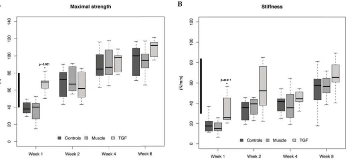Fig. 1. Effect of TGF-β1 cDNA delivery on the mechanical properties of the rat Achilles tendon at progressive  times after transection