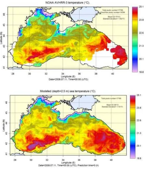 Fig. 8. SST maps on 11 July 2008 retrieved from AVHRR data (upper panel), simulated by the model (central panel) and their difference (lower panel) .