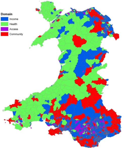 Figure 7. Highlighting key domains having strong association with educational performance (defined by largest MiD) across Wales.