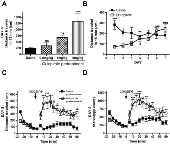 Figure 4. Repeated quinpirole treatment augmented cocaine-induced behavioral responding