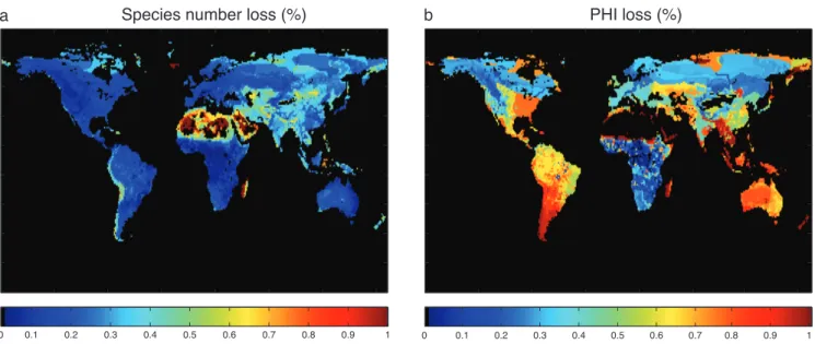 Figure 6. Global distribution of terms in herbivore diffusion of nutrients. (a) movement diffusivity D, (b) percent consumed biomass Q/ a B, (c) total animal biomass (ie S mass * population), (d) nutrient diffusivity W = DQ/ a B, (e) edible biomass a B, (f