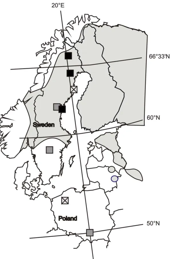 Figure 1. Map of northern Europe depicting the source populations and distribution of C