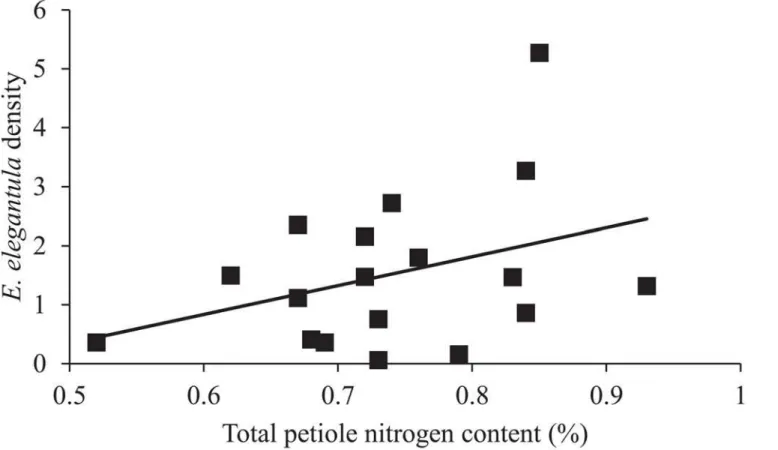 Fig 4. Peak second generation E. elegantula densities were higher on vines with increased total petiole nitrogen content.