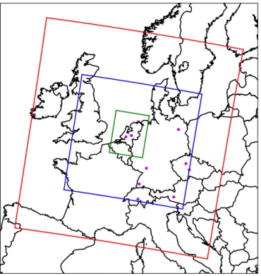 Figure 1. The location of modeled domains. The respective hori- hori-zontal resolutions are according to the color of the domain  bound-aries: red – 36 km × 36 km; blue – 12 km × 12 km; green – 4 km × 4 km