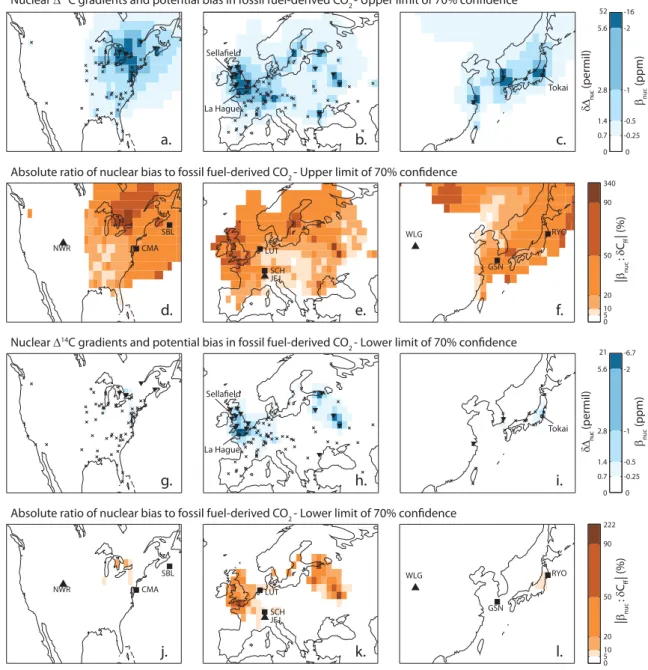 Fig. 3. Results from transport model simulations of 14 C emissions for 2005 estimated using emission factors at the upper and lower limits of the 70 % confidence intervals as shown in Fig