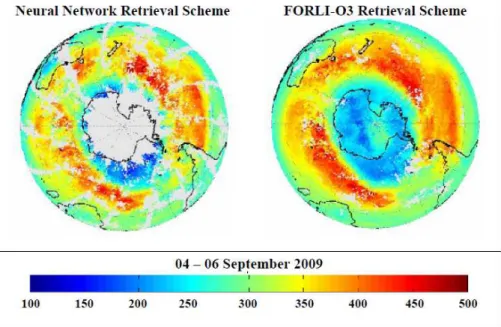 Fig. 2. Antarctic projections of IASI total ozone column distribution retrieved from the Neural Network scheme (left) and the FORLI-O3 scheme (right)